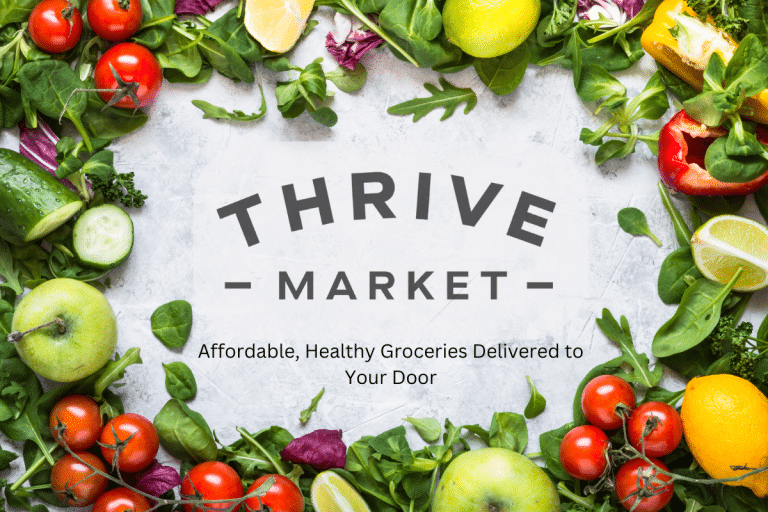 Thrive Market logo surrounded by vibrant fresh vegetables and fruits, representing plant-based eating and healthy living