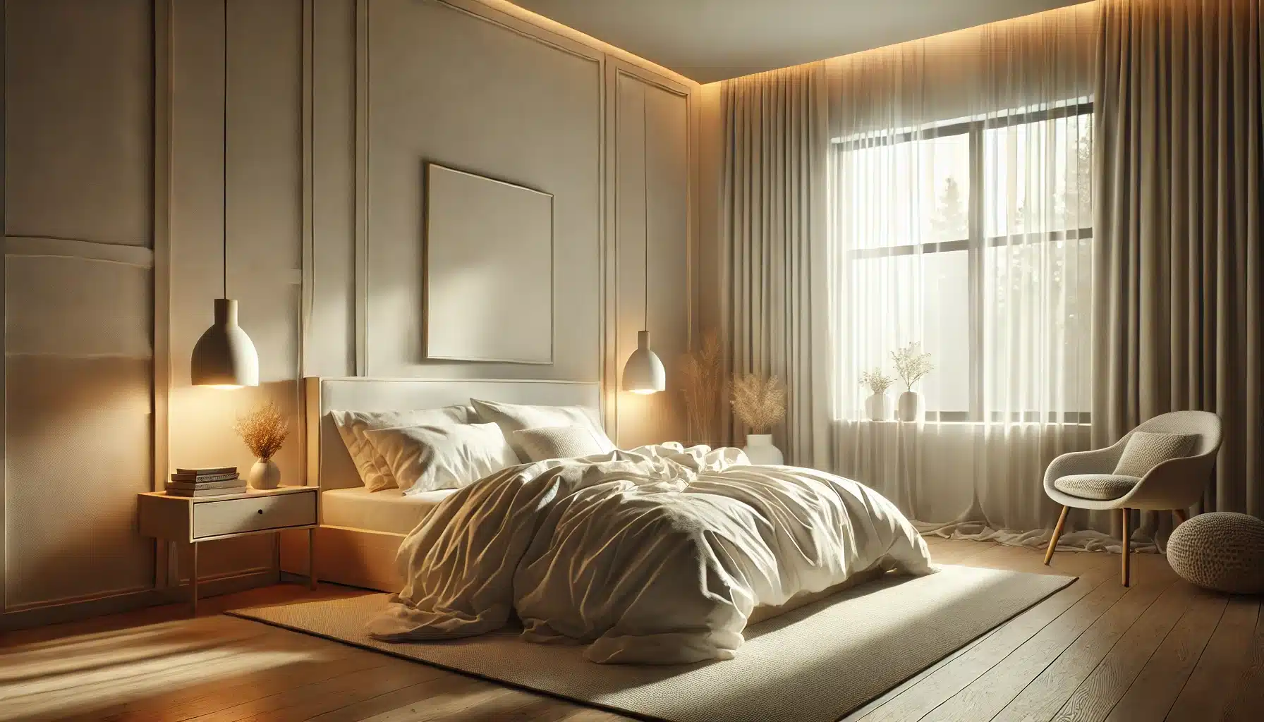 Serene bedroom bathed in warm morning light, featuring soft bedding and calming decor that demonstrates optimal sleep environment for longevity. The peaceful design illustrates how bedroom ambiance impacts sleep quality and healthspan
