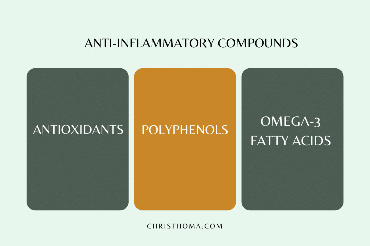 Anti-inflammatory compounds infographic showing three key categories: antioxidants, polyphenols, and omega-3 fatty acids - essential nutrients for longevity and reducing inflammation in the body.