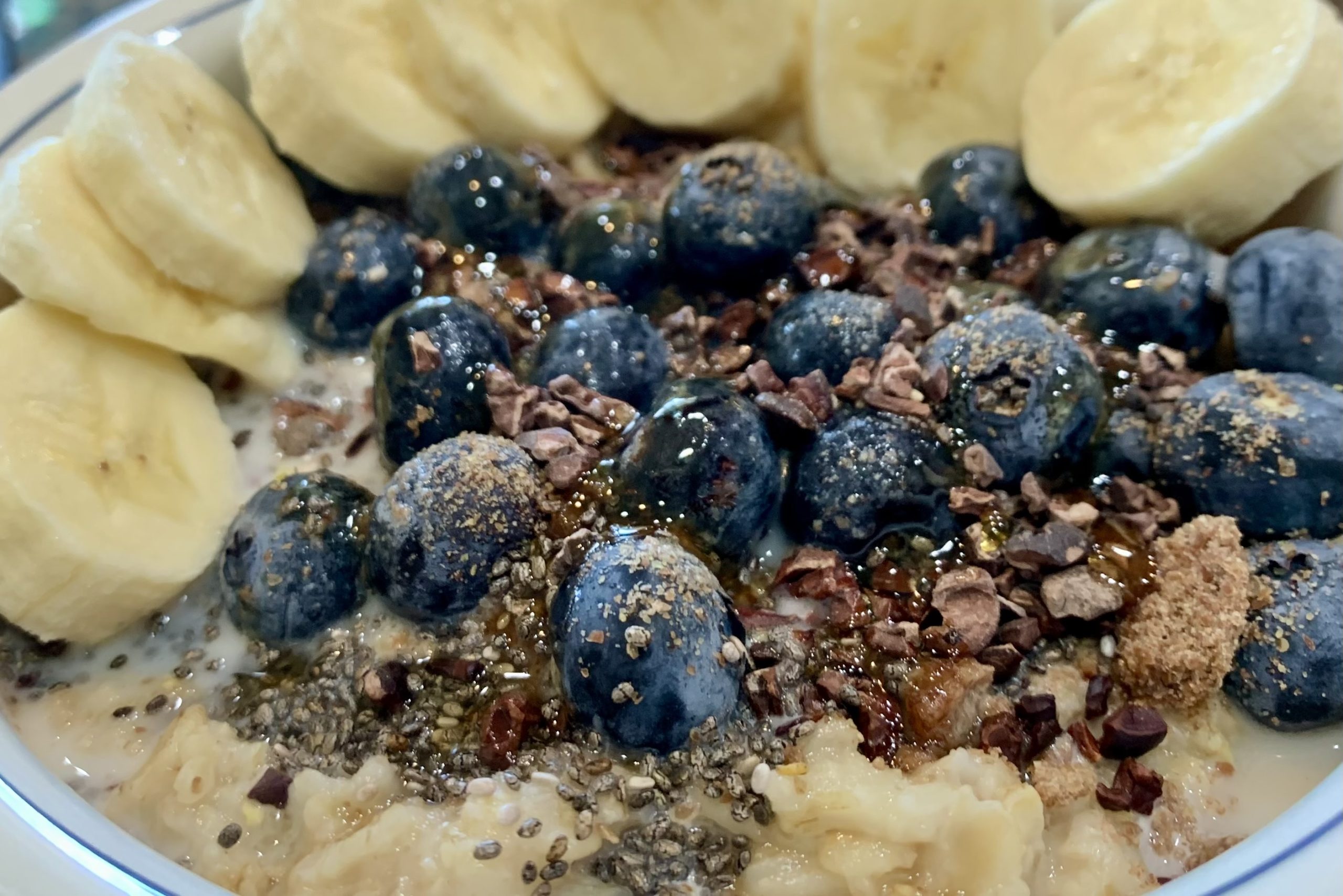 Healthy plant-based breakfast bowl with oatmeal, blueberries, bananas, and flax seeds, packed with fiber, antioxidants, and omega-3s for longevity and energy.