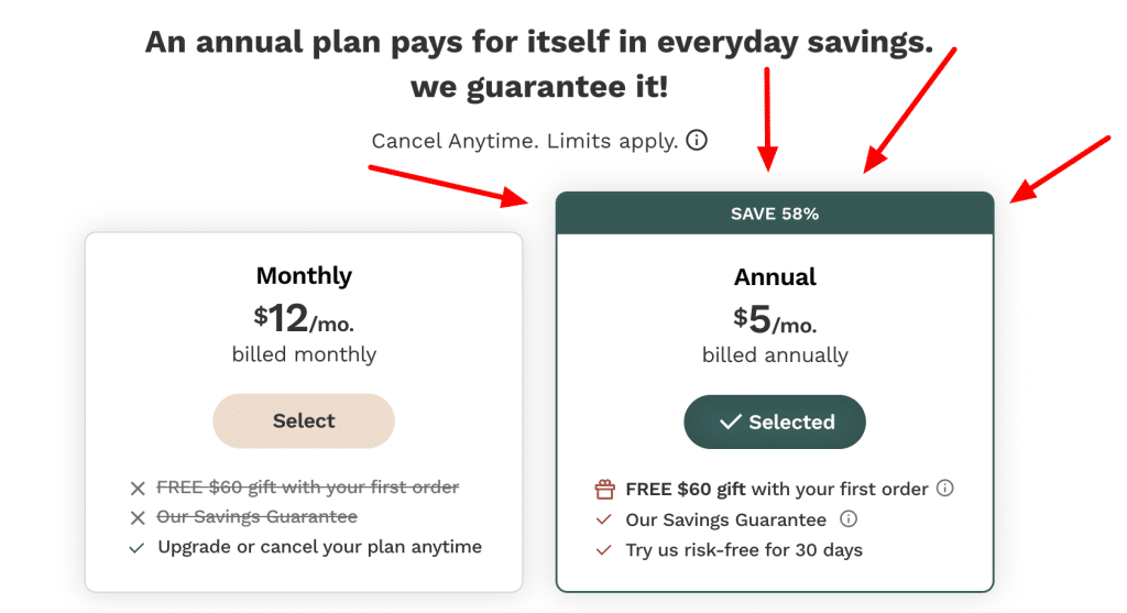 Thrive Market membership options comparison showing annual plan savings versus monthly plan costs