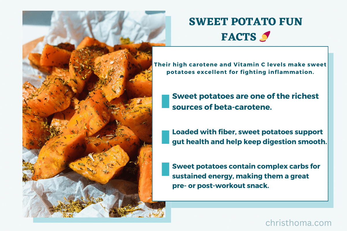 Roasted sweet potato chunks seasoned with herbs on parchment paper, highlighting their anti-inflammatory properties, beta-carotene content, and gut health benefits. Infographic showing sweet potatoes' role in reducing inflammation, supporting digestive health, and providing sustained energy for longevity. Rich orange color indicates high antioxidant content and vitamin C levels for immune support and healthy aging