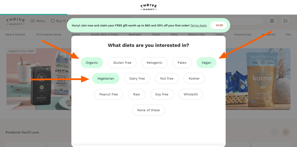 Thrive Market plant-based filter screenshot. filter page showing organic, vegan, keto, paleo, and gluten-free options with shopping categories and new customer discount offer