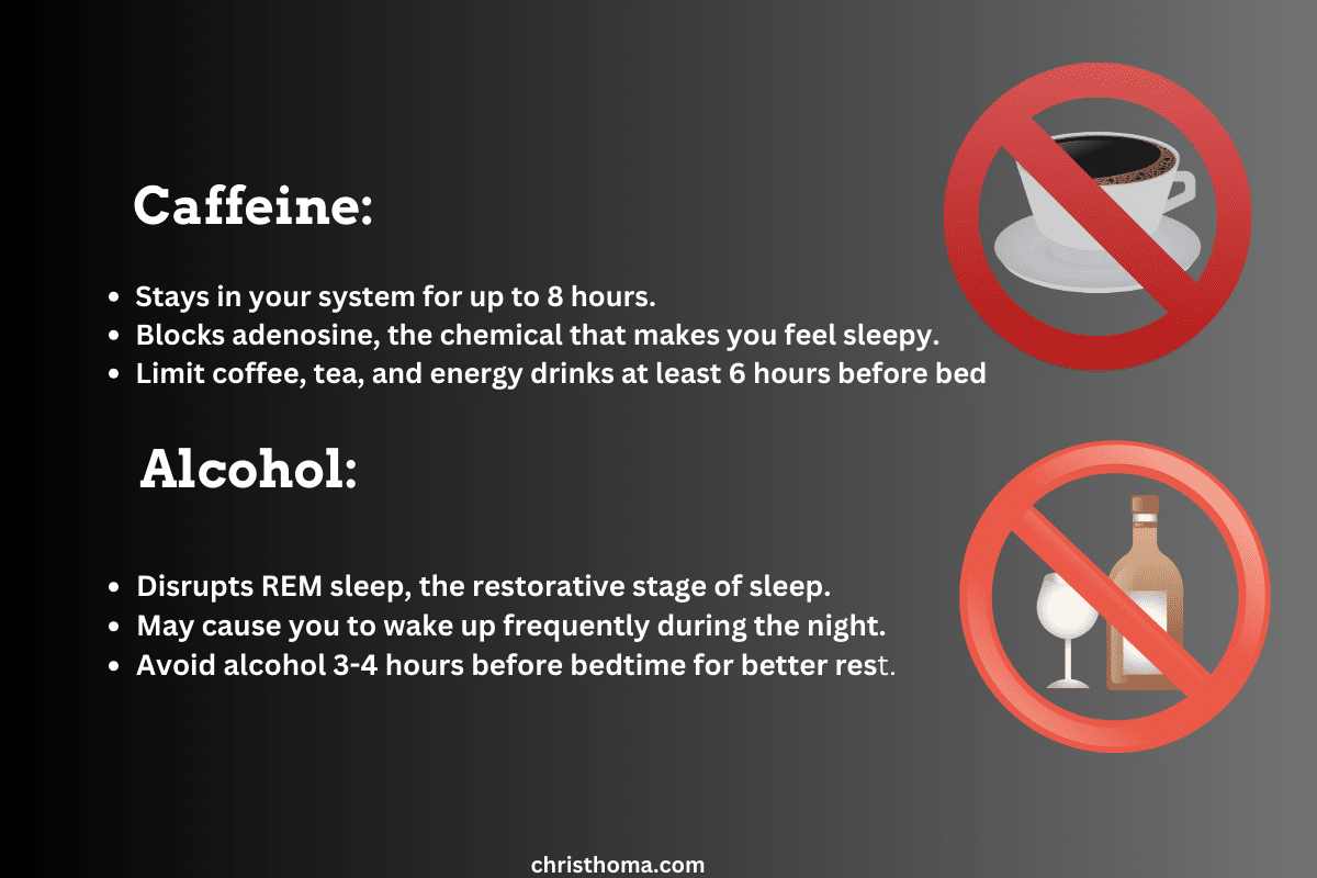 Infographic showing two major sleep disruptors: Caffeine prevents natural sleep signals and stays active for 8 hours, while alcohol disrupts restorative REM sleep and causes fragmented sleep patterns throughout the night. Both substances significantly impact sleep quality and long-term health. Includes timing recommendations for better sleep
