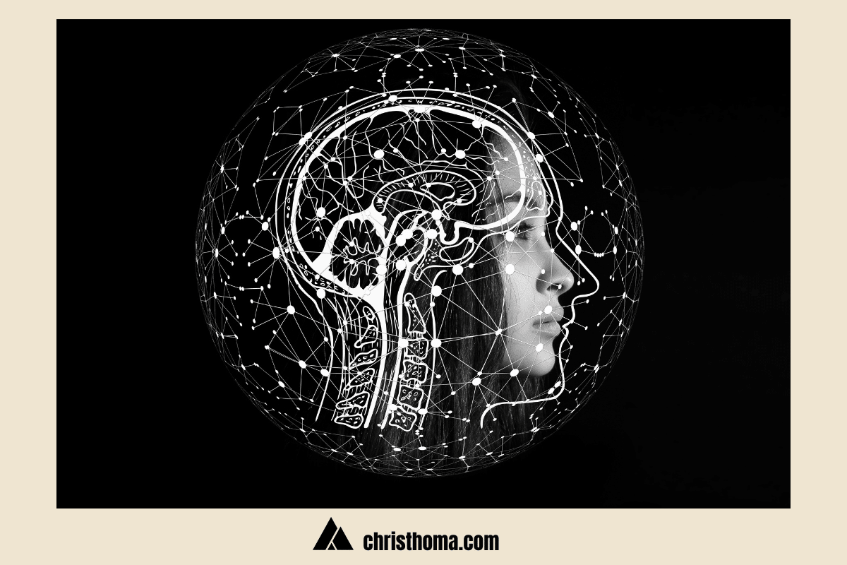 Digital neural network illustration overlaid on a medical brain cross-section diagram, depicting the connection between nutrition and cognitive function in modern neuroscience, presented in black and white against a warm beige background.