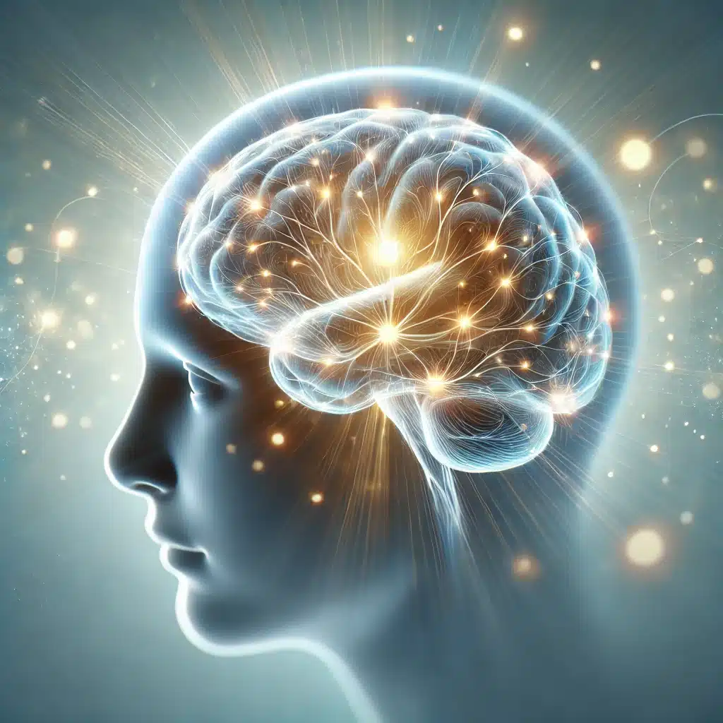 A high-resolution image of a glowing human brain illuminated with soft blue and white light symbolizes mental clarity and focus. Intricate neural connections are highlighted with golden tones, set against a blurred gradient background of light blue and white, evoking a sense of calmness and sharp cognitive performance.