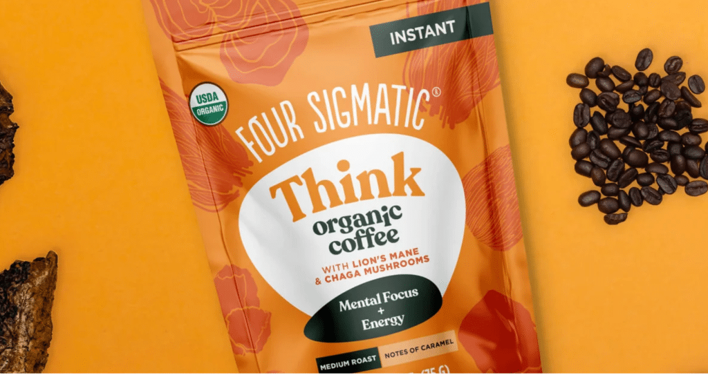 Four Sigmatic Think organic mushroom coffee blend with Lion's Mane and Chaga showing USDA organic certification.