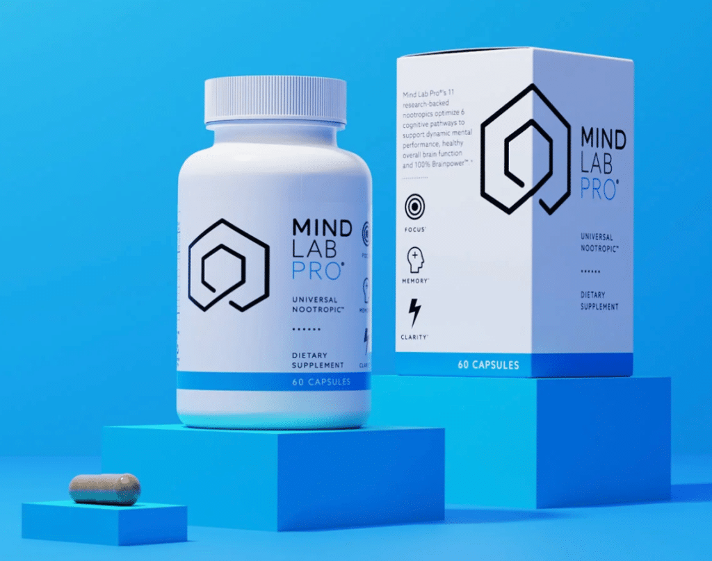 The Mind Lab Pro nootropic supplement bottle and packaging are displayed on blue geometric platforms. They feature a clean white design and an adaptogenic formula for cognitive enhancement.