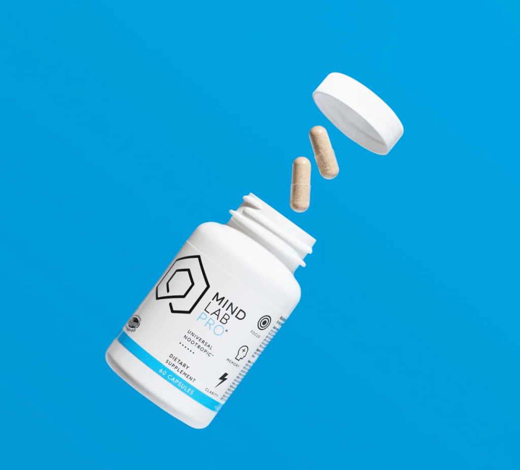 Mind Lab Pro nootropic supplement bottle with capsules, supporting cognitive function for optimal aging