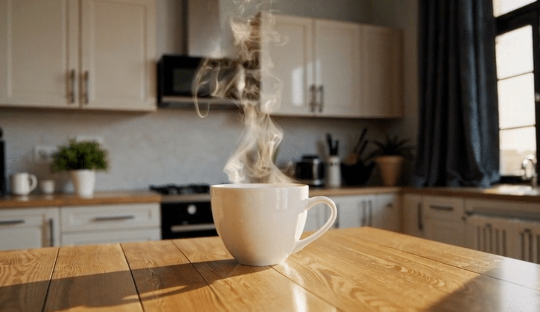 A steaming cup of coffee sits on a wooden kitchen table, with natural sunlight streaming through a nearby window. The cozy modern kitchen in the background features white cabinets, potted plants, and warm wooden accents, creating a tranquil morning atmosphere.