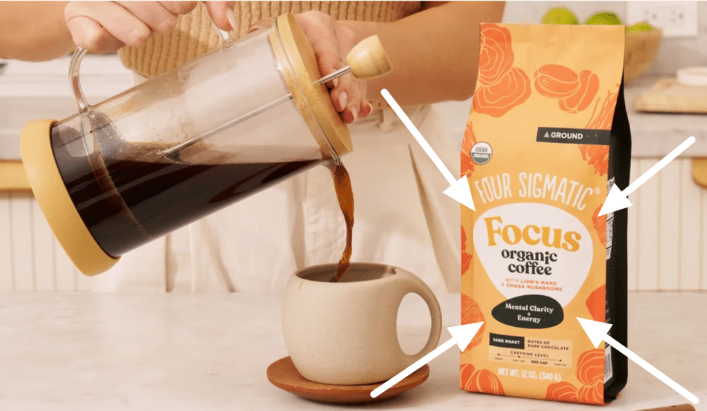 A French press pouring dark coffee into a beige ceramic mug next to a bag of Four Sigmatic Focus organic coffee with Lion's Mane and Chaga mushrooms, featuring orange packaging and mental clarity benefits