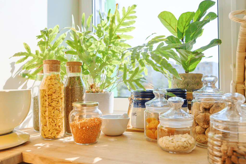 A bright Mediterranean-inspired kitchen pantry with glass jars filled with lentils, dried figs, almonds, and herbs, set against lush green plants by a sunny window.