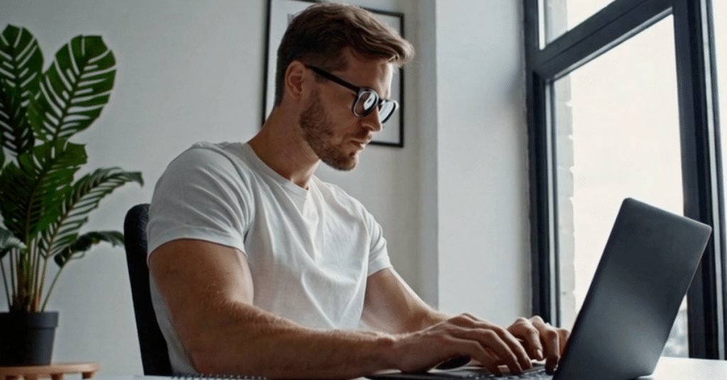 Focused man working at laptop demonstrating mental clarity and cognitive performance for optimal aging