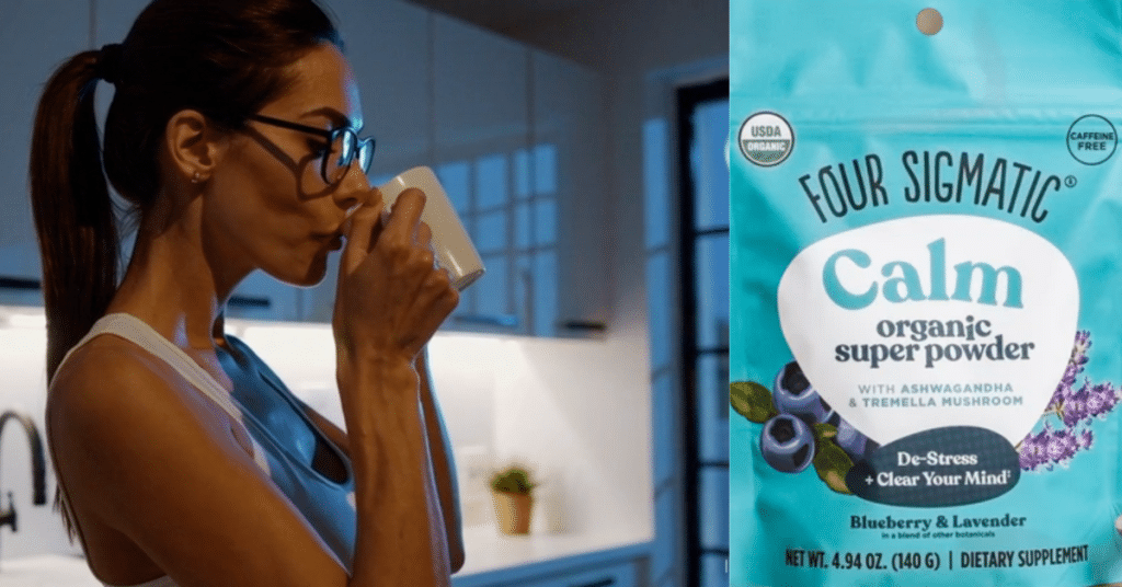 Woman drinking Four Sigmatic calm powder beverage alongside product package showing stress-reducing ingredients for optimal aging