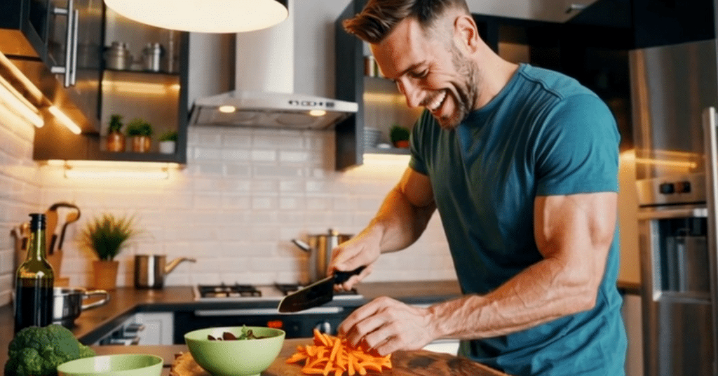 Fit man smiling while preparing healthy vegetables, demonstrating proactive steps for optimal aging through nutrition
