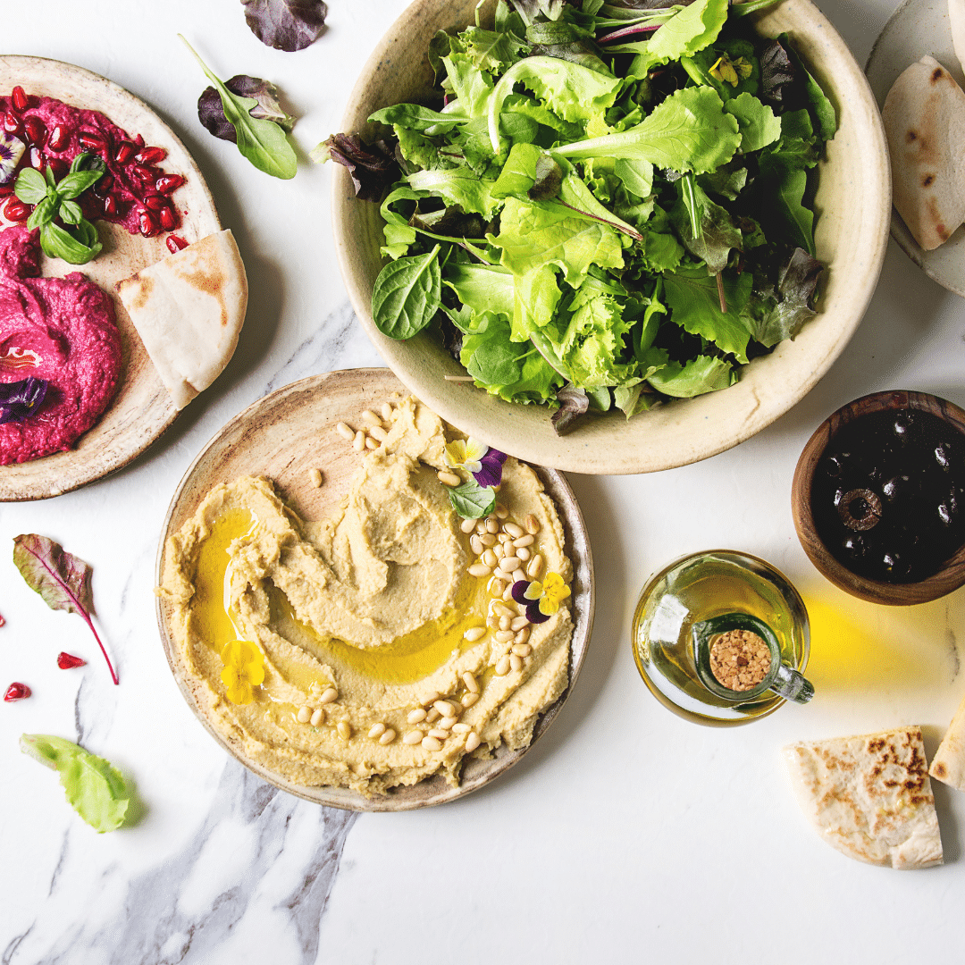 Mediterranean plant-based diet guide featuring fresh ingredients, colorful vegetables, legumes and whole grains for optimal health