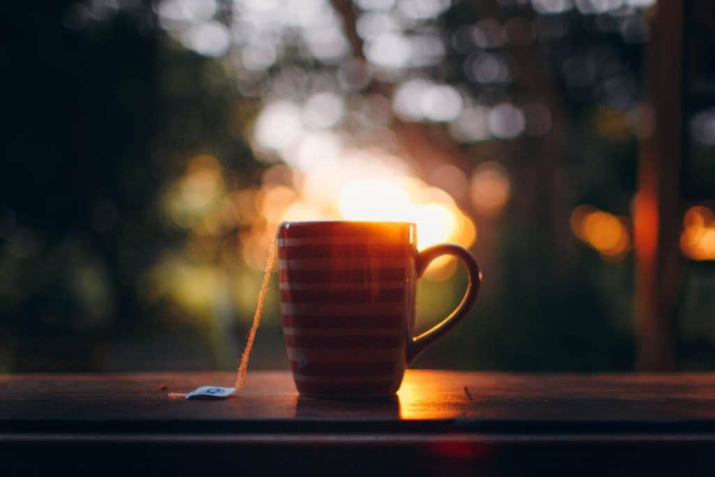 A serene table setting features a glass of coffee, herbal tea, and a vase of purple flowers in a lush green outdoor setting, representing the calming and energizing effects of adaptogens like ashwagandha and lion’s mane.