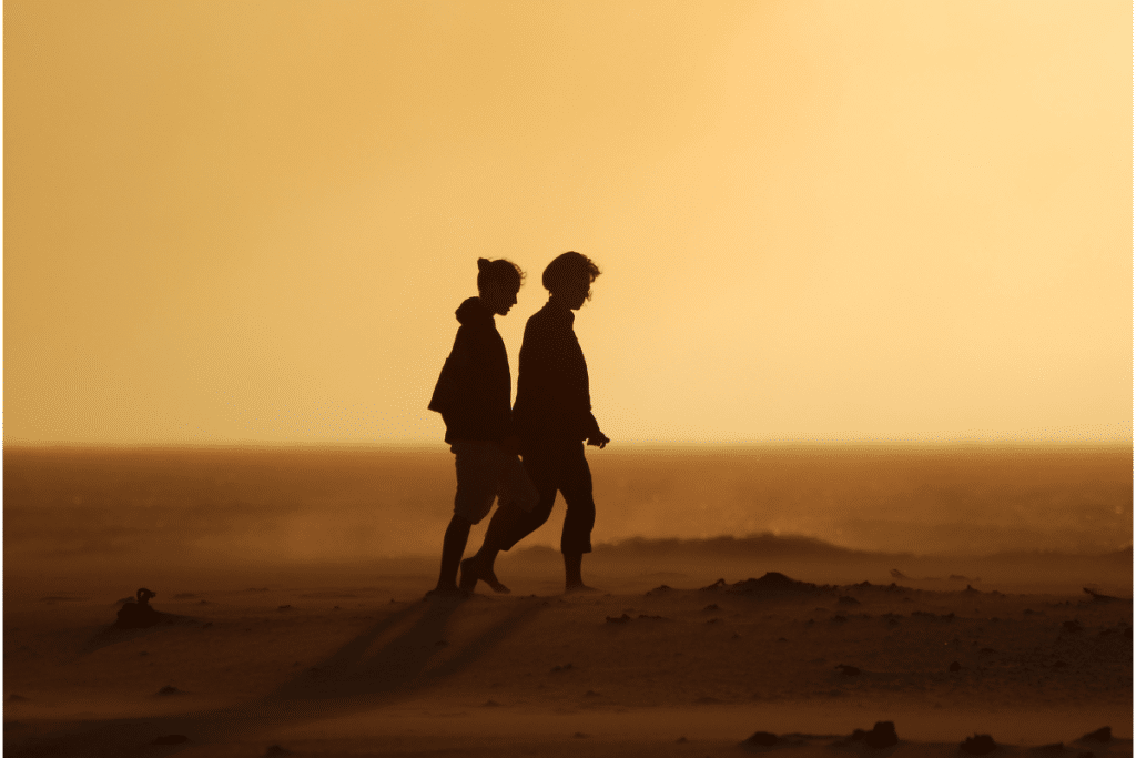 Silhouette of two people walking during sunset, demonstrating natural movement and daily activity for longevity