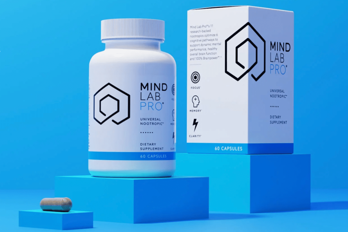 Mind Lab Pro nootropic supplement bottle and box displayed on blue platforms, featuring a hexagonal logo and 60 capsules.
