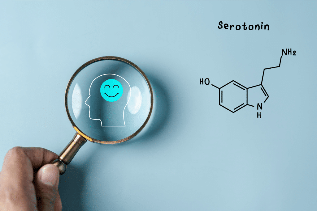A magnifying glass focusing on a smiling face inside a human head, symbolizing the brain’s serotonin production. The serotonin chemical structure is displayed on a light blue background, representing the connection between sunlight and mood enhancement.
