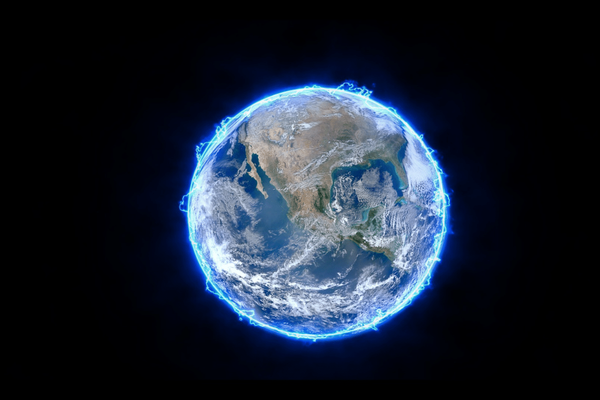 Planet Earth surrounded by blue electrical energy field showing North America, illustrating the Earth's natural negative electrical charge used in grounding therapy.