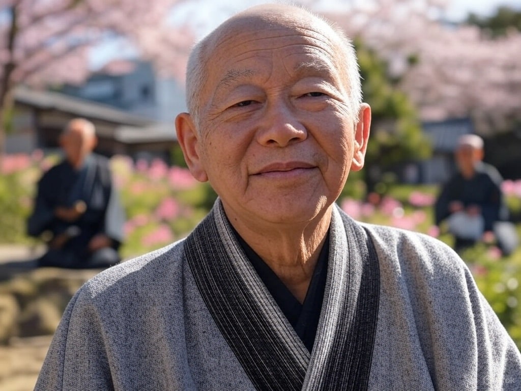 An elderly person in traditional Japanese attire sits in a garden with cherry blossoms and others in the background, embodying longevity through "ikigai" in a Blue Zone setting.