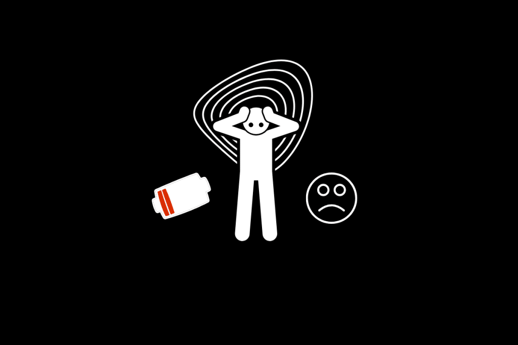 A stressed figure holding its head, surrounded by a low battery icon and a sad face, symbolizing burnout and emotional exhaustion. The background features swirling lines indicating overwhelm.