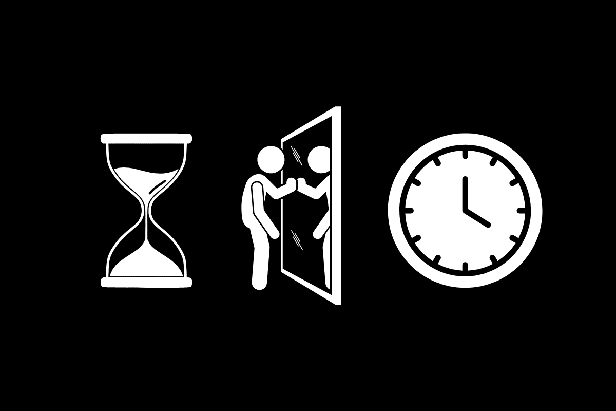 Three minimalist white icons on a black background representing the concept of time passing and self-reflection: an hourglass with sand flowing, a person looking at their reflection in a mirror, and an analog clock showing 4 o'clock. The icons symbolize time passing, confronting your future self, and the importance of taking action now.