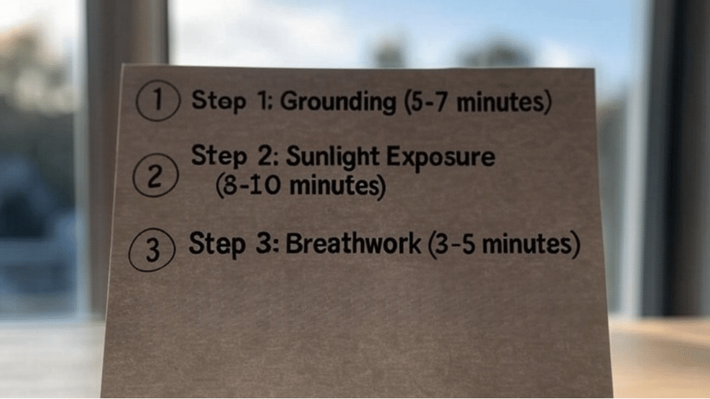 Simple three-step routine for longevity written on paper: grounding, sunlight exposure, and breathwork with suggested minutes for each.