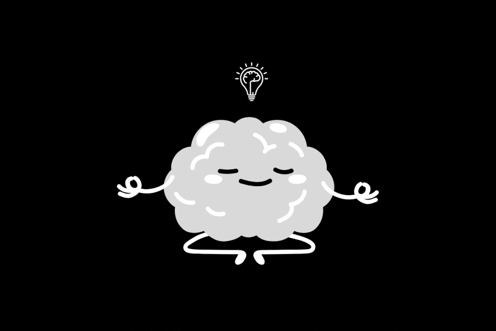 A cute cartoon brain sitting cross-legged in a meditative pose with a calm smile, eyes closed, and a glowing lightbulb above its head symbolizing insight or clarity.