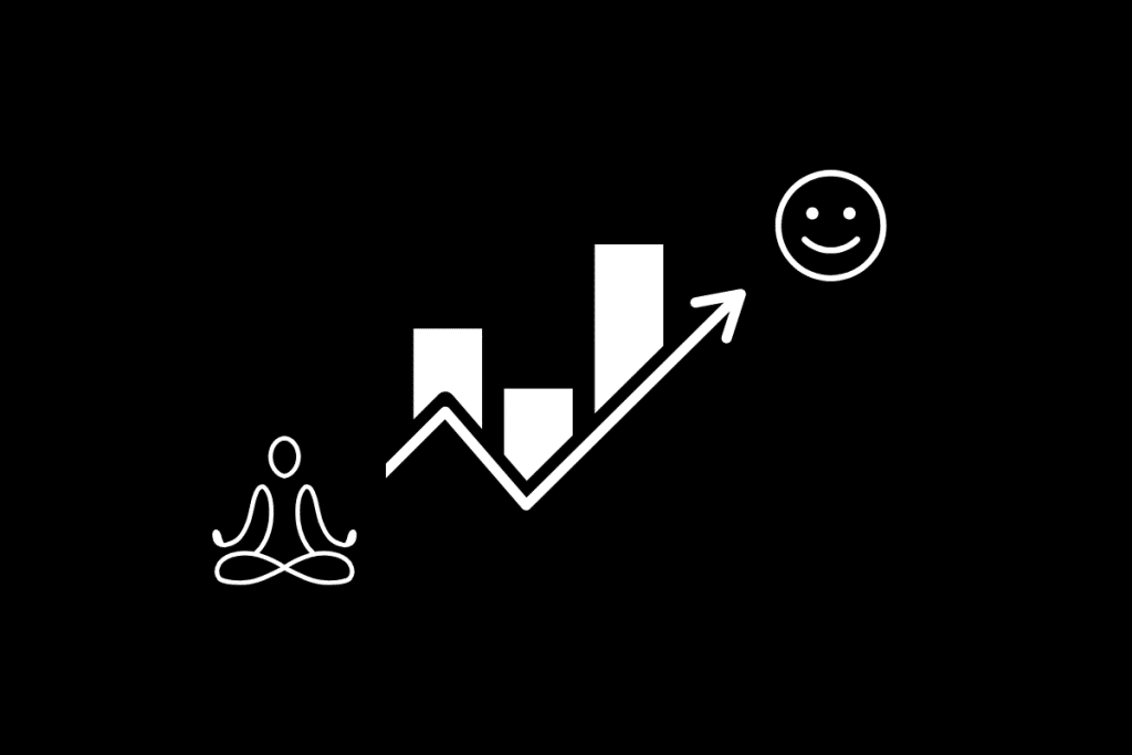 A minimalist black background image showing a meditation figure, a rising bar graph, and a smiling face—symbolizing how meditation leads to growth and increased happiness.

