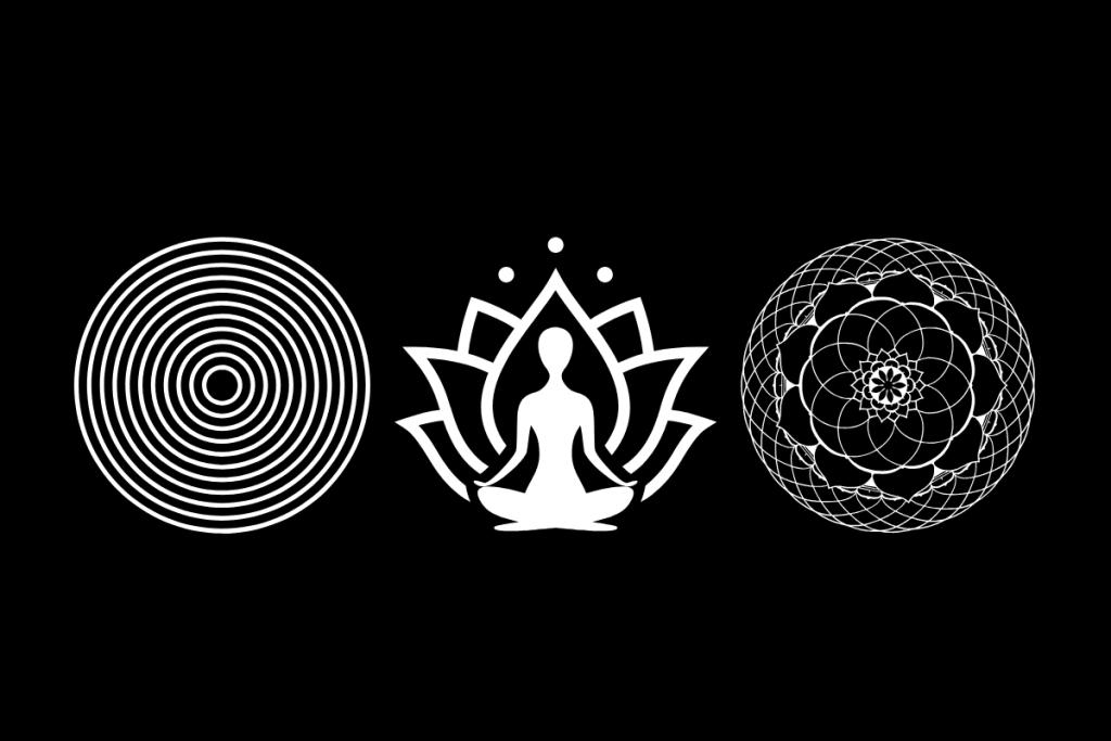 A black background featuring three white icons: concentric circles (left), a meditating figure inside a lotus flower (center), and a complex geometric mandala (right), symbolizing focus, inner peace, and clarity.