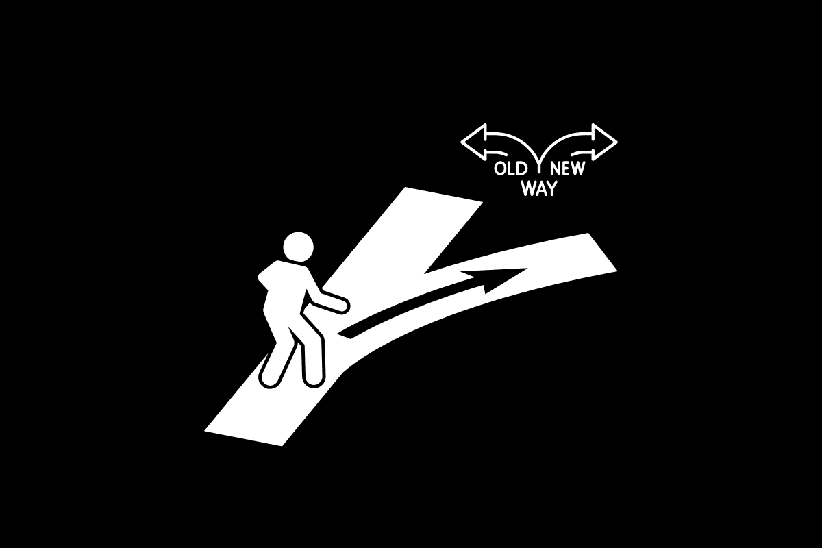 Silhouette of a person standing at a fork in the road. The left path is labeled “Old Way,” and the right path is labeled “New Way,” symbolizing a choice between repeating the past or stepping into growth.