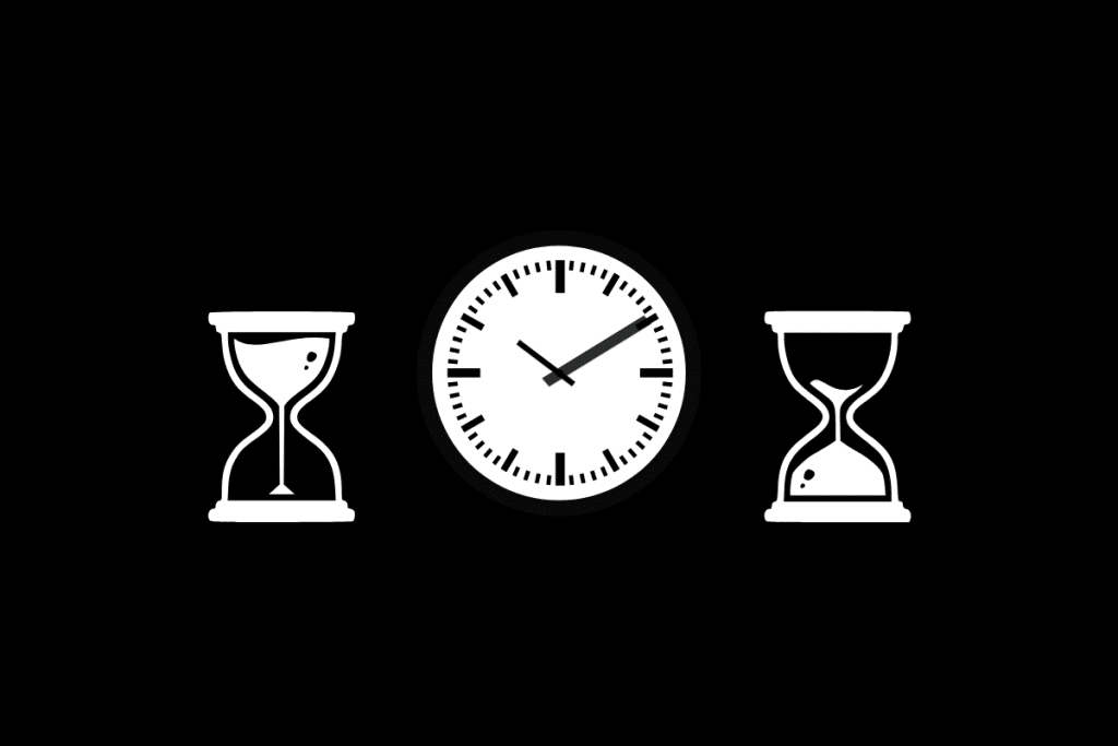 White clock flanked by two hourglasses on a black background, symbolizing the constant, unchanging flow of time and the fleeting nature of moments.