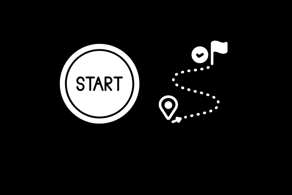 A minimalist black and white image showing a "START" button on the left connected by a dotted path to a location pin and flag icon on the right, symbolizing the journey from beginning to reaching goals.